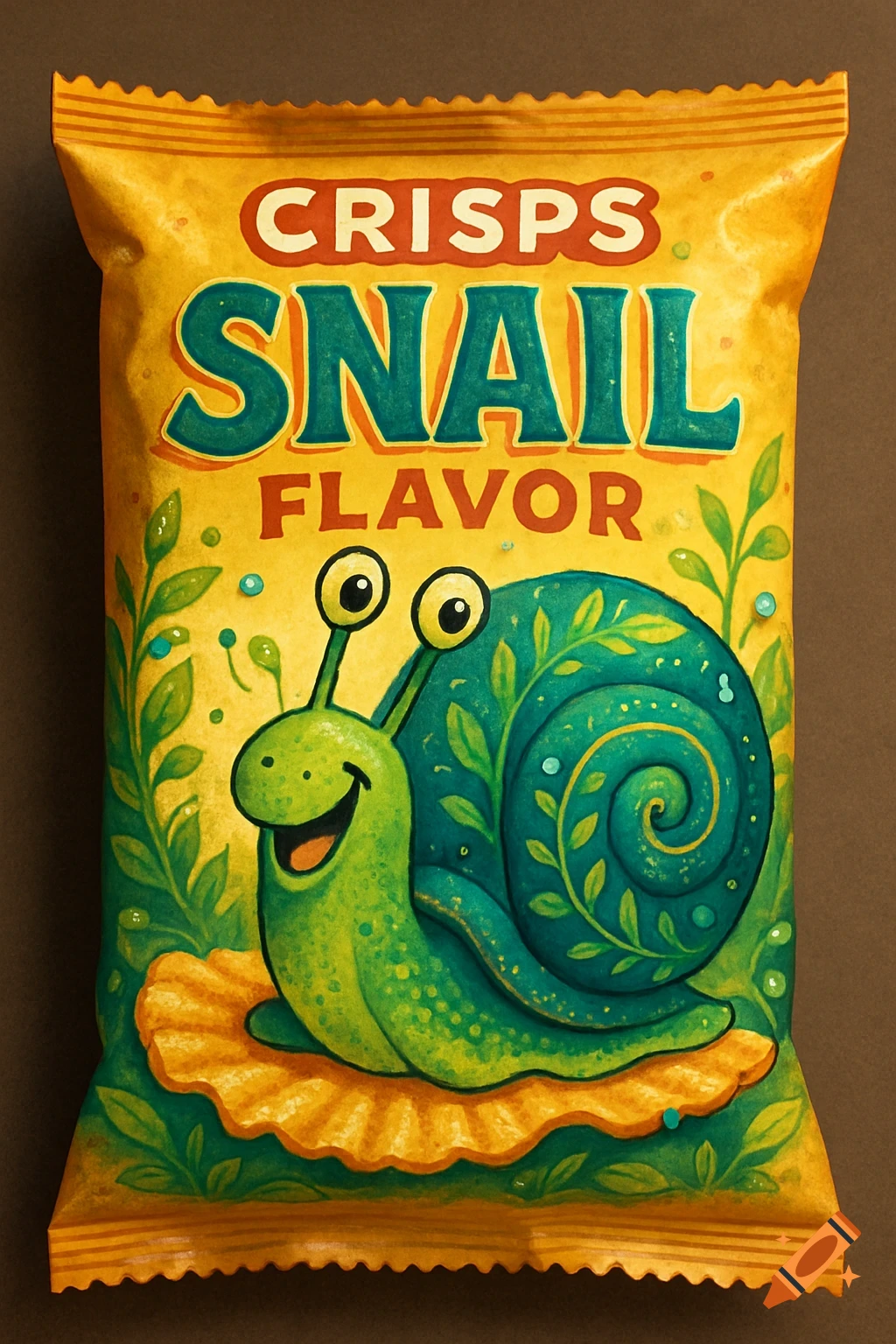 A vibrant, cartoon-style snack packet for "SNAIL FLAVOR CRISPS" featuring a smiling green snail with large eyes surrounded by leaves and bubbles.