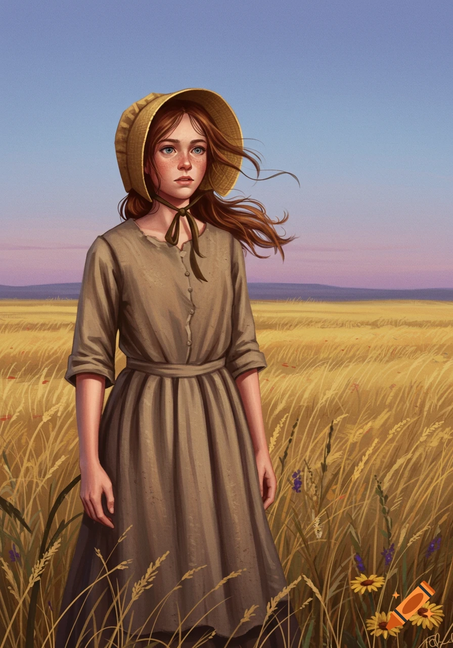 A young girl in a bonnet and simple dress stands in a golden wheat field under a blue and pink sky, in an illustrated style.