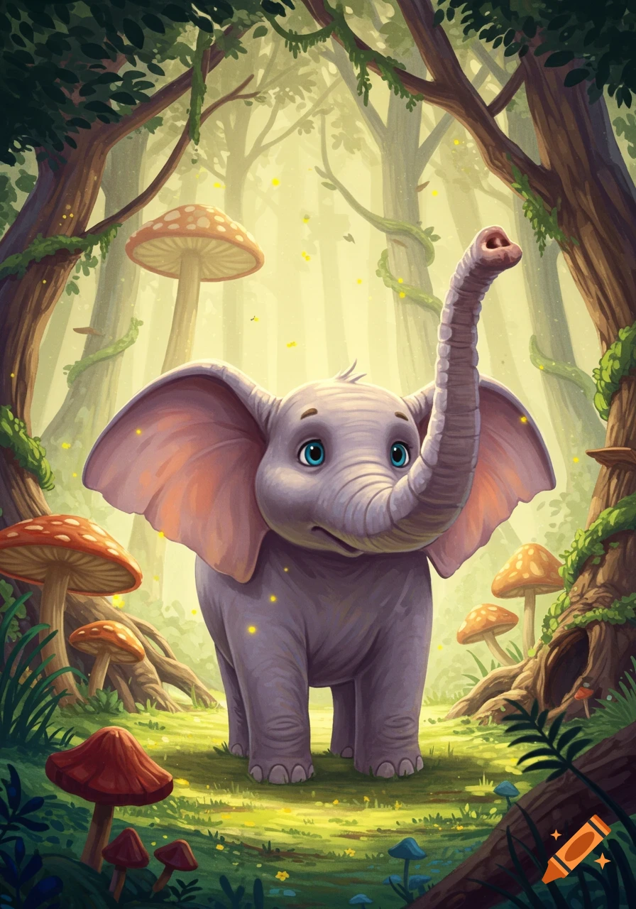 A cute cartoon elephant with a very long trunk stands in a magical forest surrounded by colorful mushrooms.