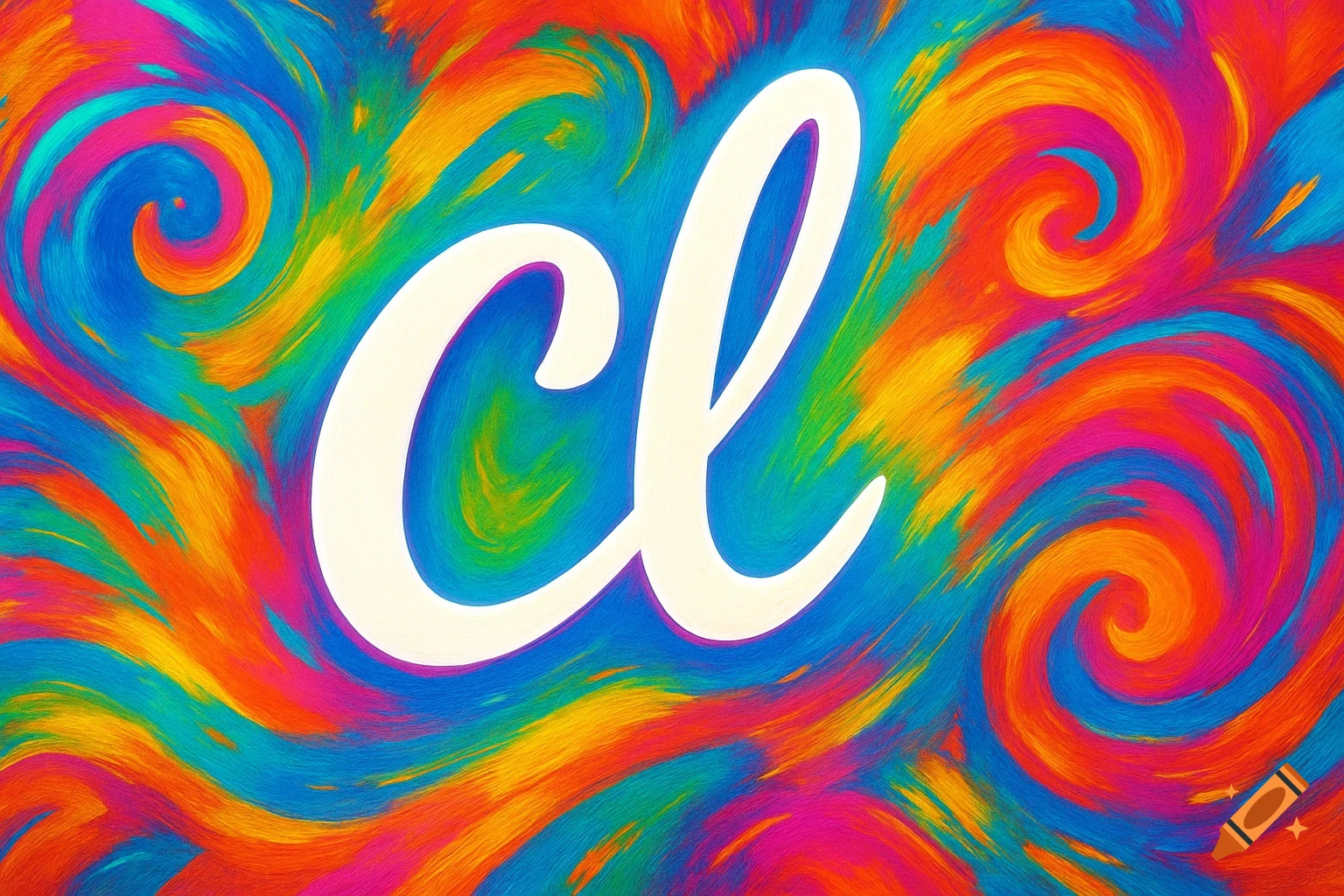 Colorful abstract background with painterly swirls in bright blues, oranges, pinks, and yellows, featuring the large white letters 'cl' in the center.