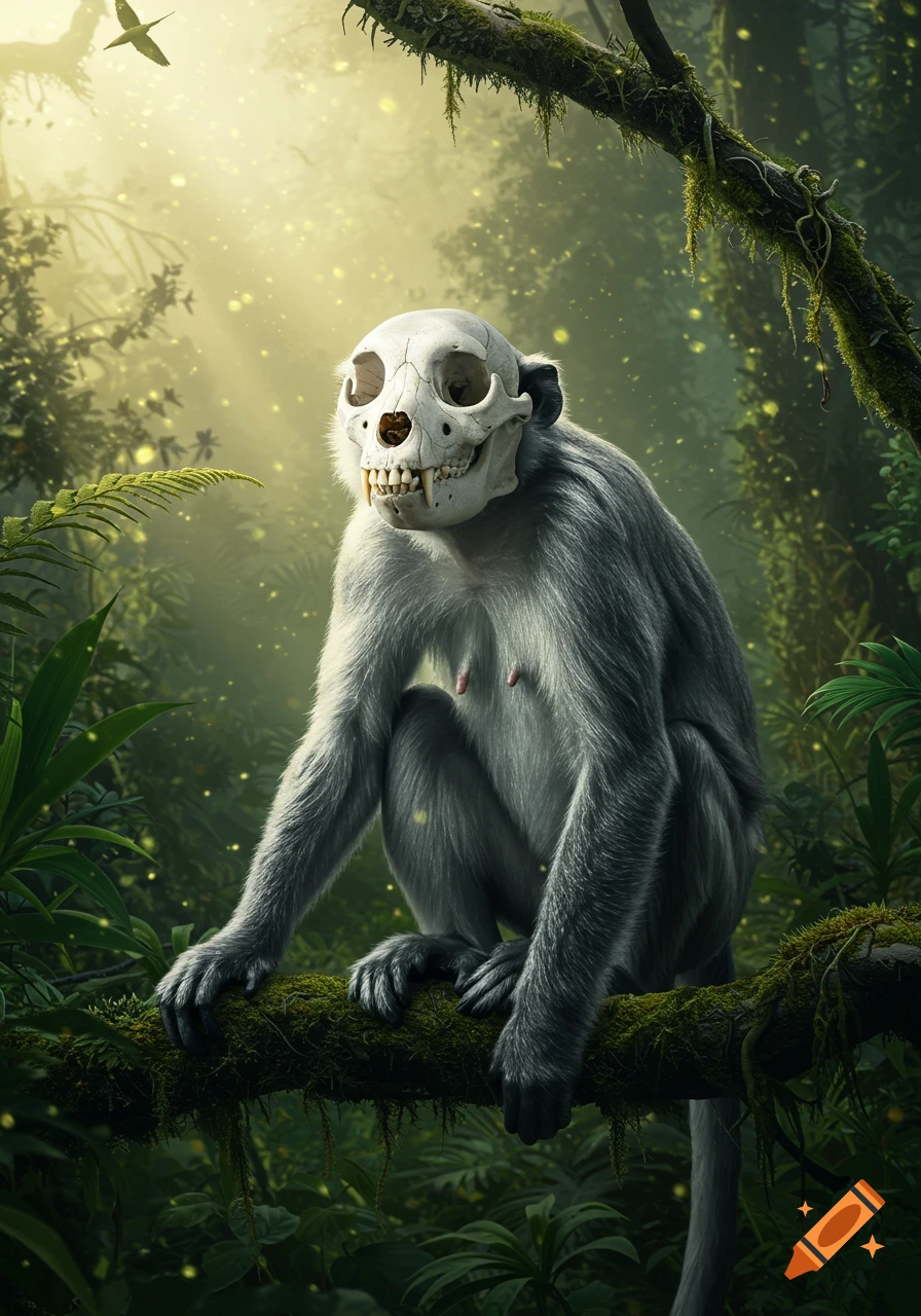 A grey monkey with a white skull for a head sits on a mossy jungle branch, bathed in sunbeams.