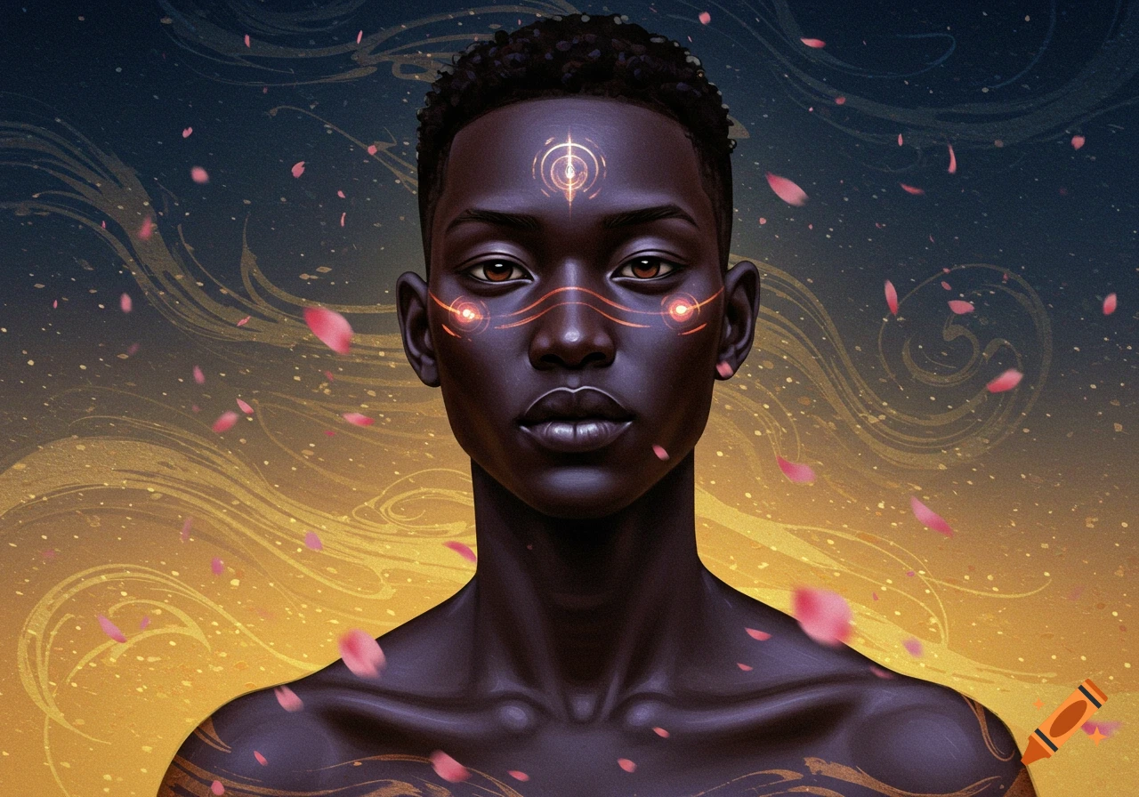 Striking digital art portrait of a dark-skinned person with glowing facial markings and a vibrant, flowing background.