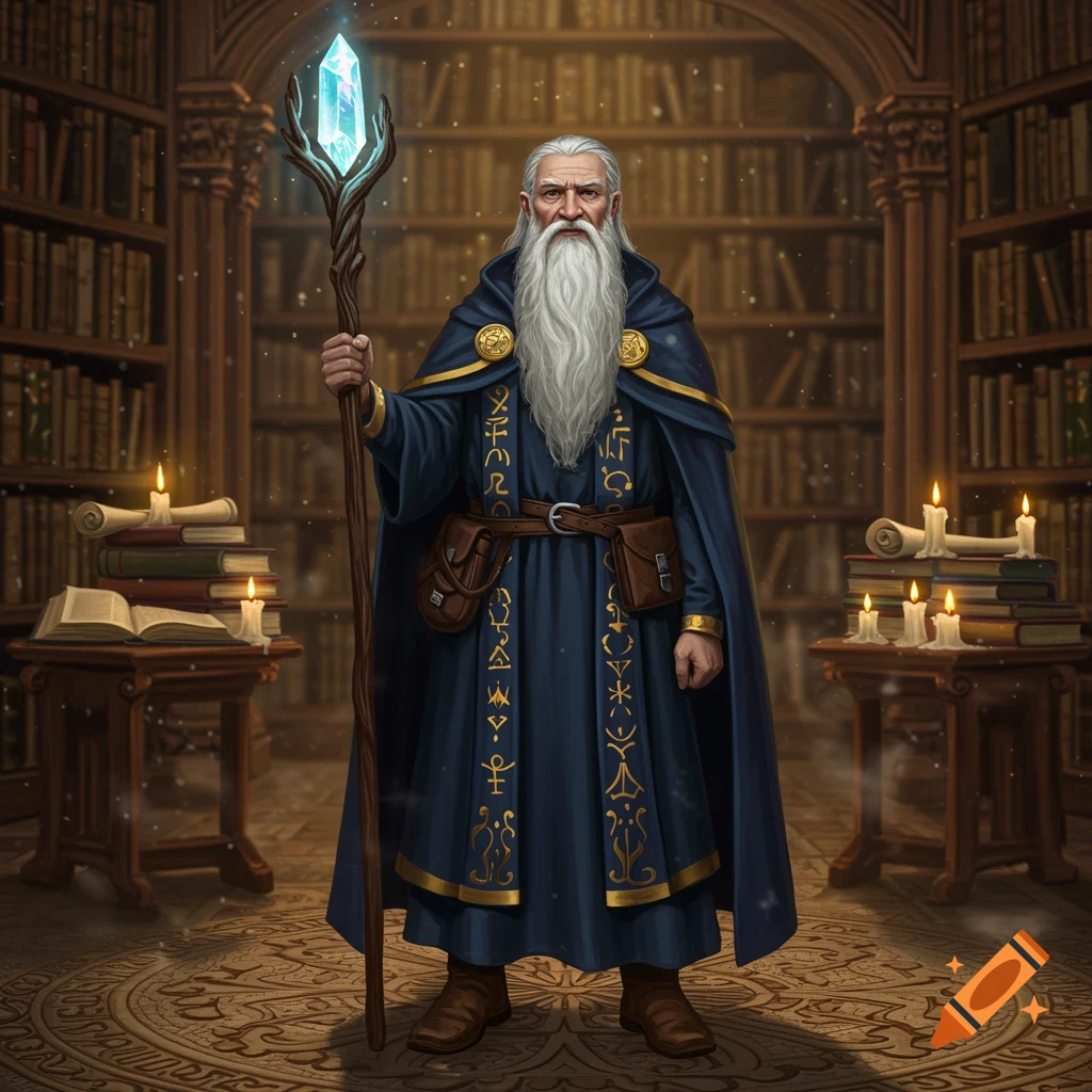 A grey-bearded wizard in a blue robe with gold trim and patterns holds a glowing crystal staff in a dimly lit library.
