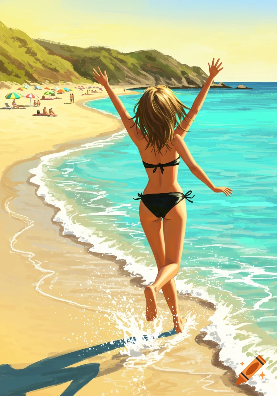 An illustrative painting of a woman in a black bikini running into the vibrant blue ocean on a sunny beach, arms raised.