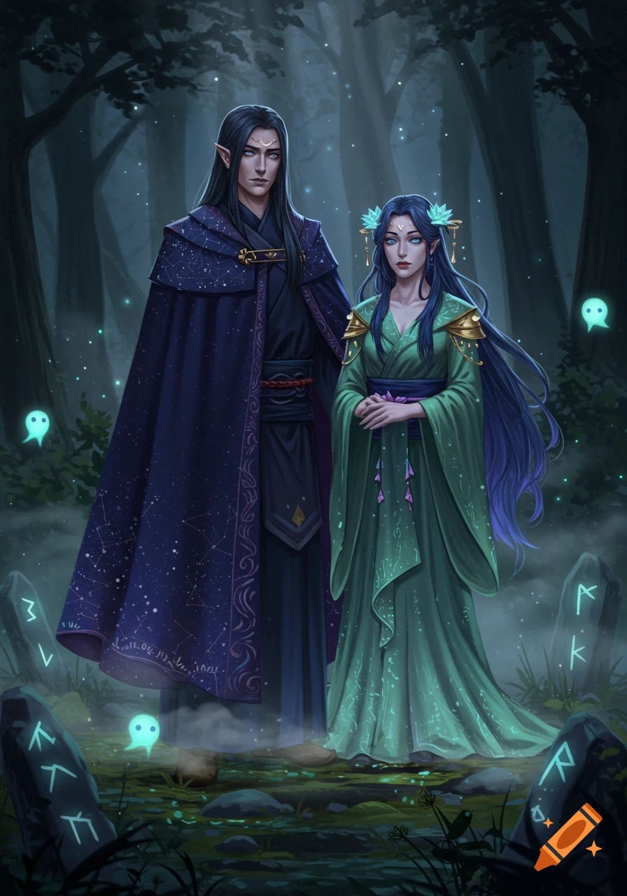 Two elves, a male in a starry cloak and a female in a green kimono, stand in a mystical, foggy forest with glowing runes and spirits.