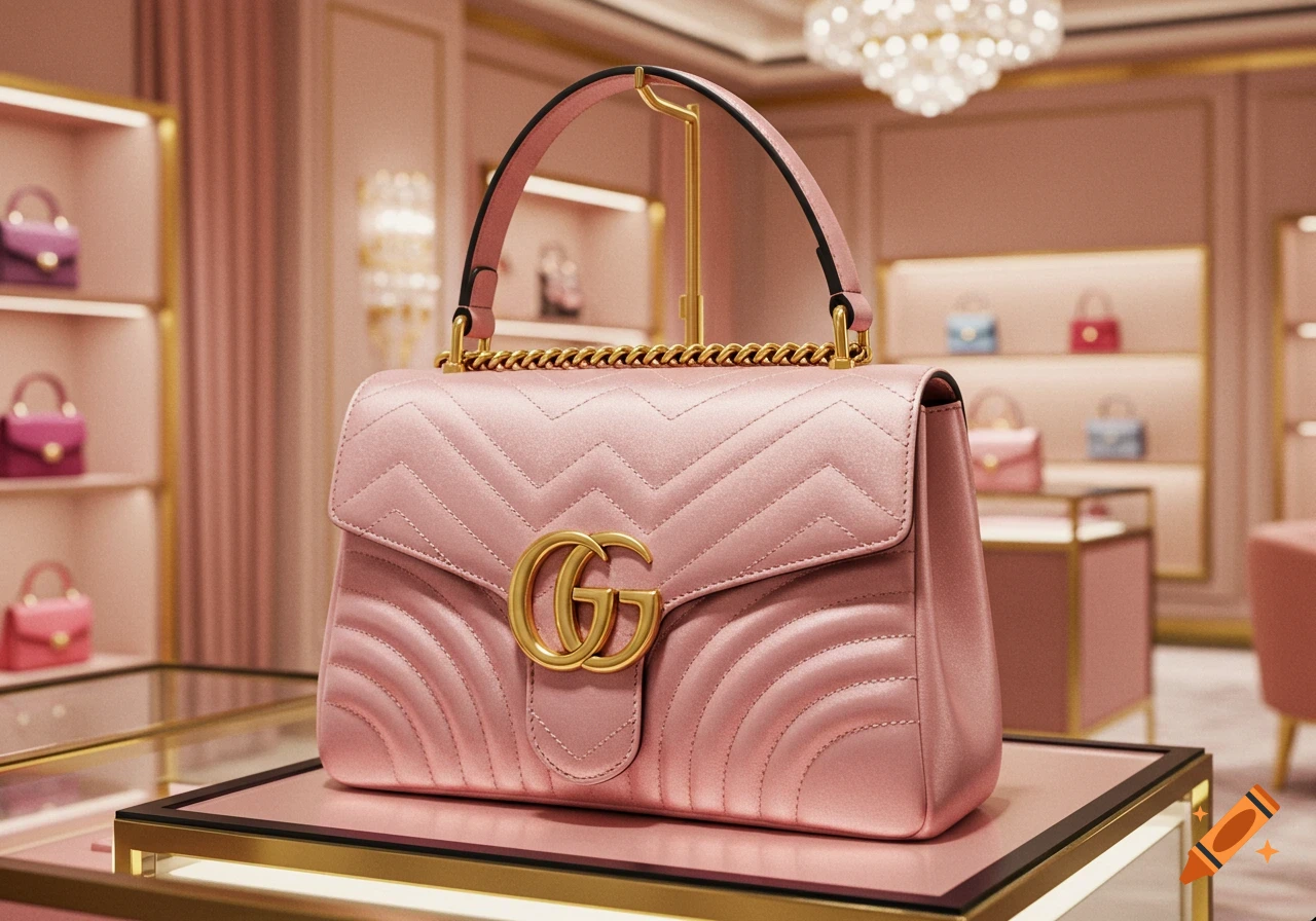 A pink Gucci handbag with a gold GG logo on display in a luxury store.