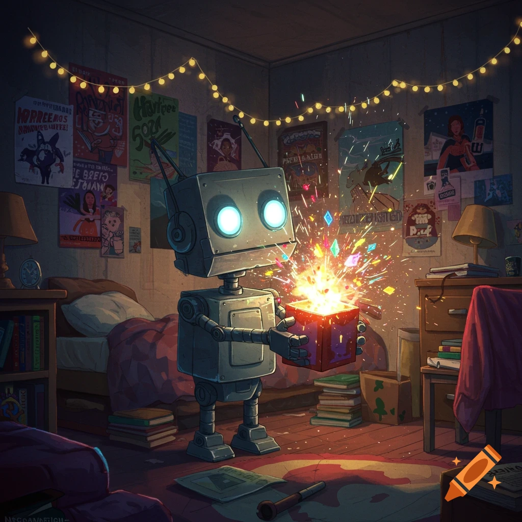 A grey robot holds a glowing, exploding red box filled with sparks and colorful crystals in a cozy, poster-filled dorm room with string lights.