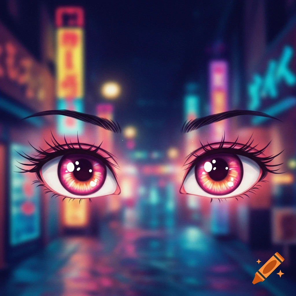 Close-up of vibrant pink and orange anime eyes with long lashes against a blurry, neon-lit cyberpunk city street at night.