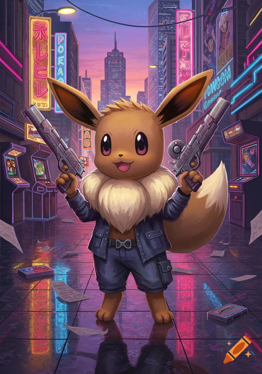 An anime-style Eevee holds two pistols in a vibrant cyberpunk city street with neon signs and arcade machines.