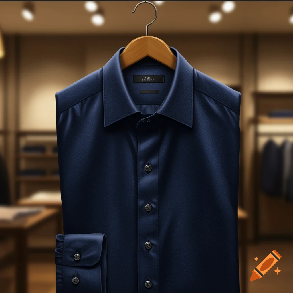 A dark blue dress shirt folded and hanging on a wooden hanger in a store.
