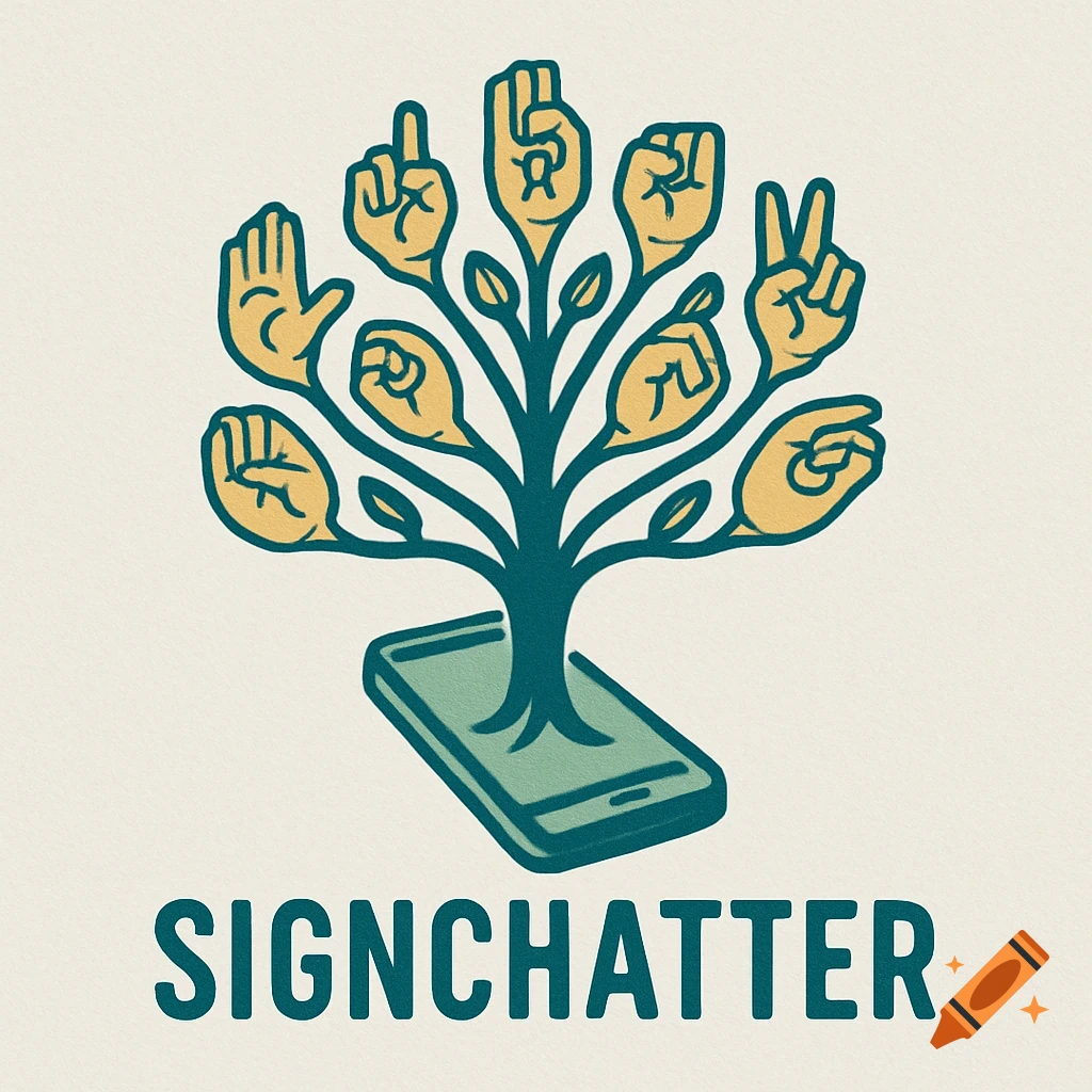 A retro-style logo featuring a tree with sign language hands as leaves, growing from a smartphone, with the text "SIGNCHATTER" below.