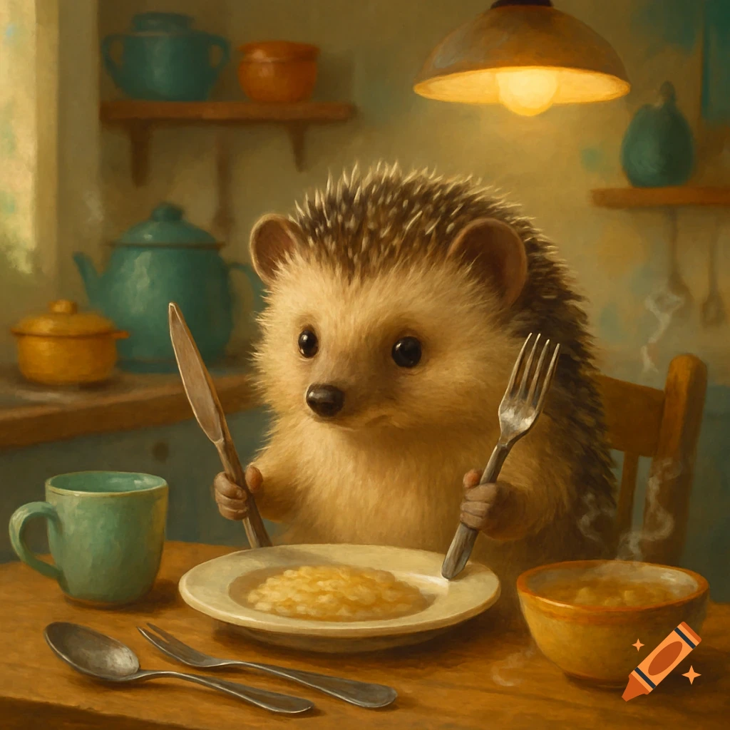 A cute anthropomorphic hedgehog sits at a wooden kitchen table, holding a knife and fork, looking at a plate of food. There's a mug and a bowl of steaming food nearby, with kitchen items in the background.
