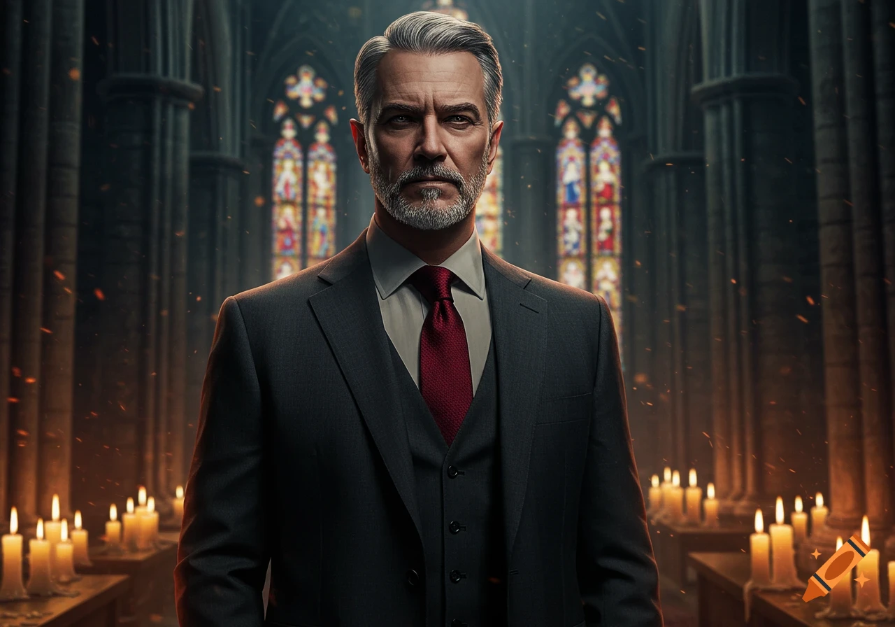 A stern, grey-haired man in a dark suit and red tie stands in a candlelit gothic cathedral with stained glass windows.
