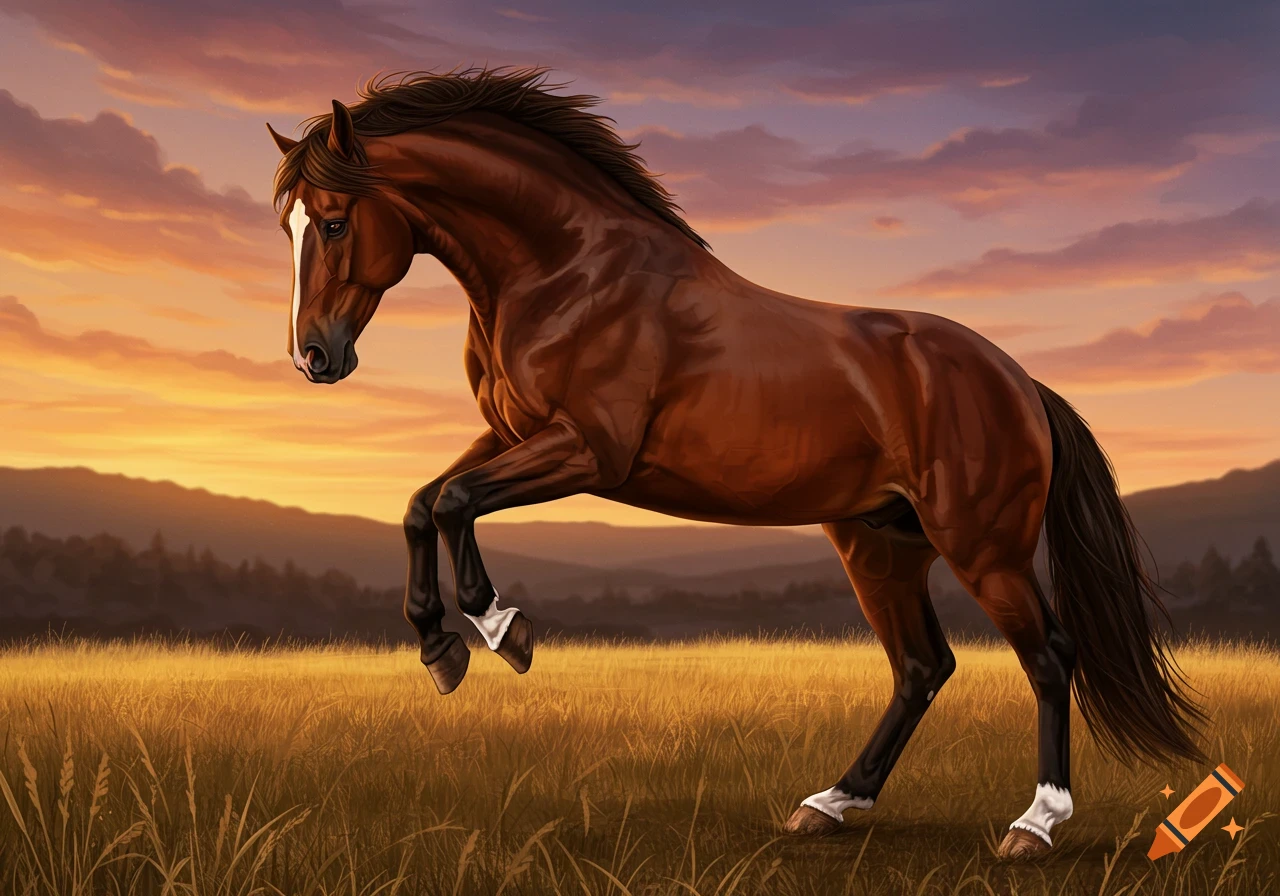 A majestic brown horse rears in a golden field under a vibrant orange and purple sunset.