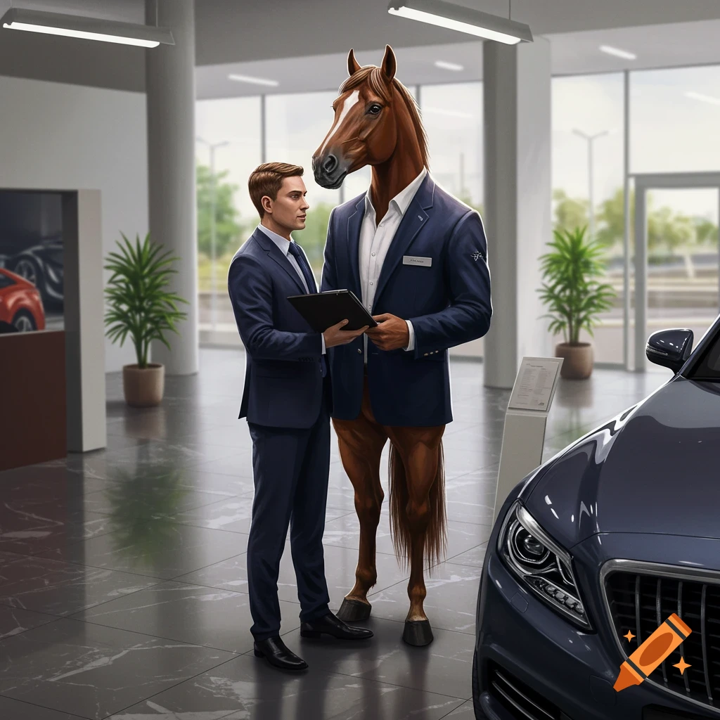 A man and a horse-headed man in suits stand in a car dealership looking at a tablet, with a car visible on the right. Photorealistic style.