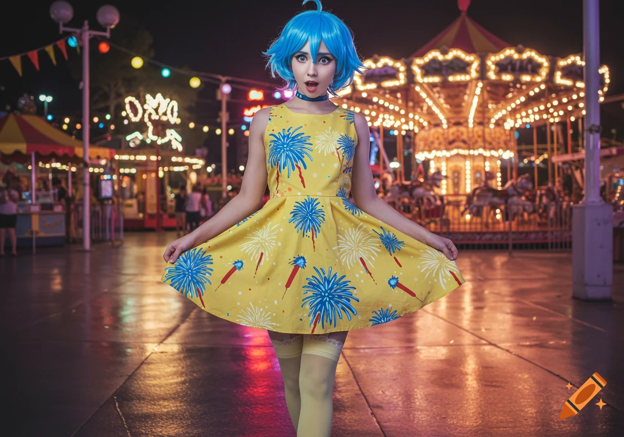 A young woman in a blue wig and a yellow fireworks-patterned dress stands at night in a brightly lit amusement park.