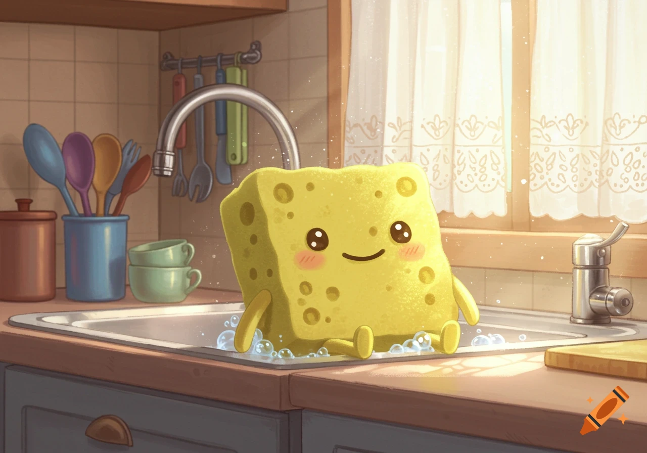 A cute, yellow cartoon sponge with a smiling face and blush sits in a bubbly kitchen sink.
