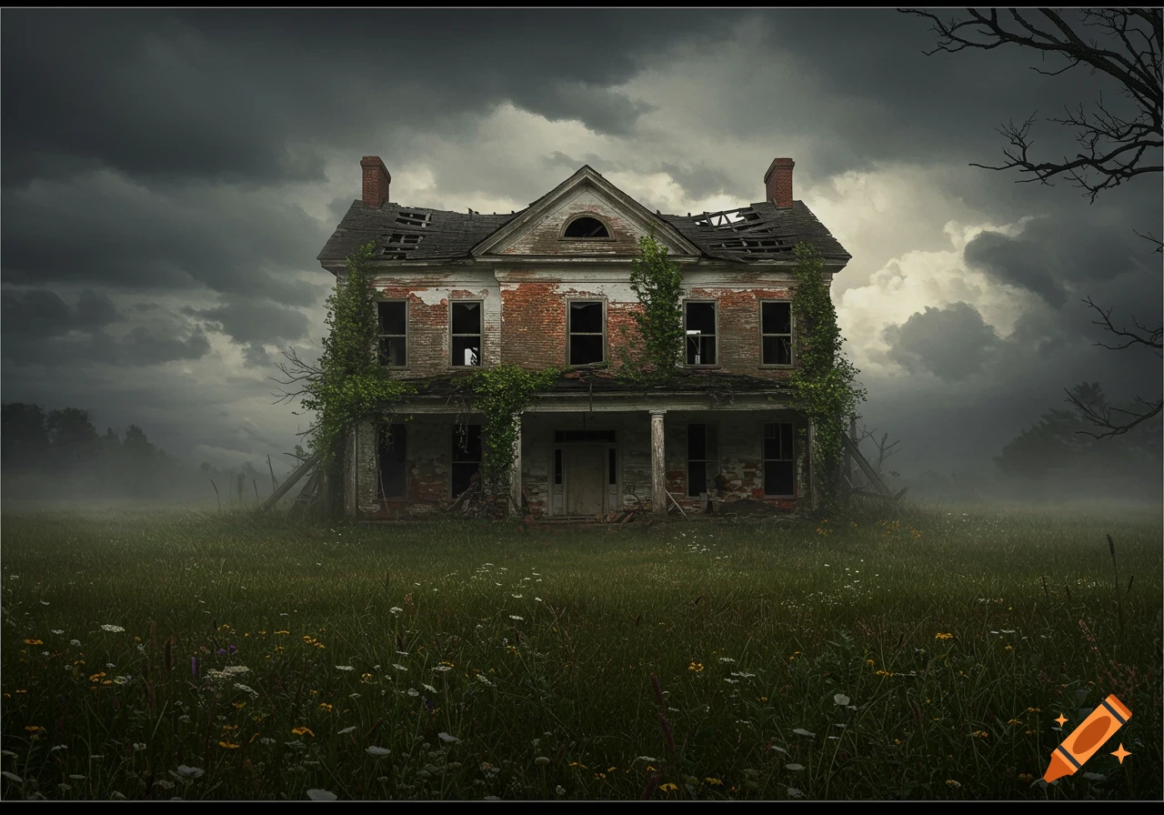 A dark, atmospheric image of a dilapidated, vine-covered colonial house with a broken roof, standing in a grassy field under a cloudy sky.
