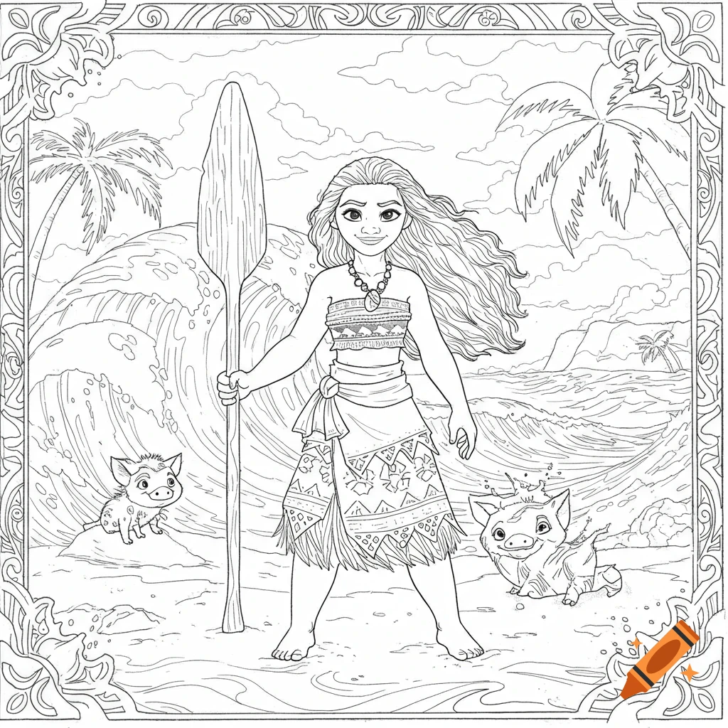 A black and white outline coloring page of Moana holding an oar on a beach with waves and two pigs.
