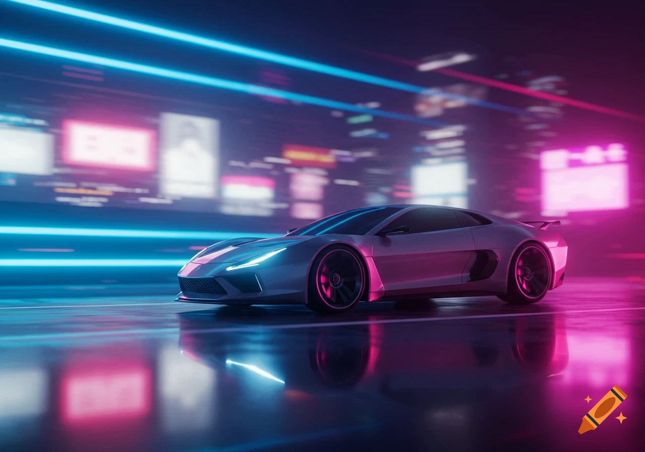 A futuristic silver sports car with glowing blue and pink neon accents drives on a wet city street at night.