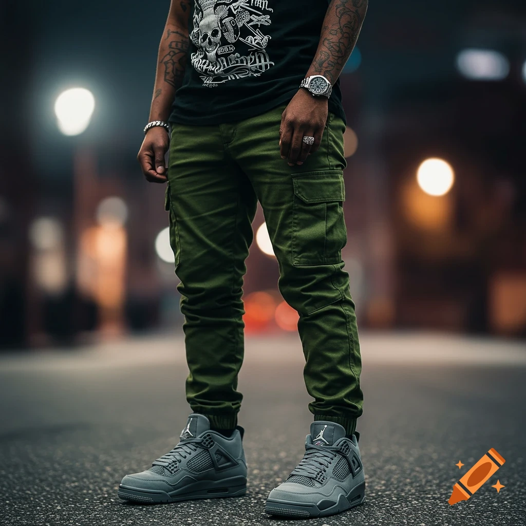 A low-angle shot of a person in olive cargo pants, grey Jordan 4 sneakers, black graphic tee, silver watch, and bracelet on a city street at night.