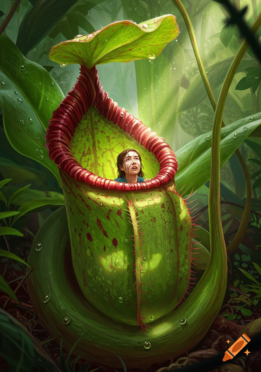 A scared person trapped inside a giant green pitcher plant in a lush jungle.