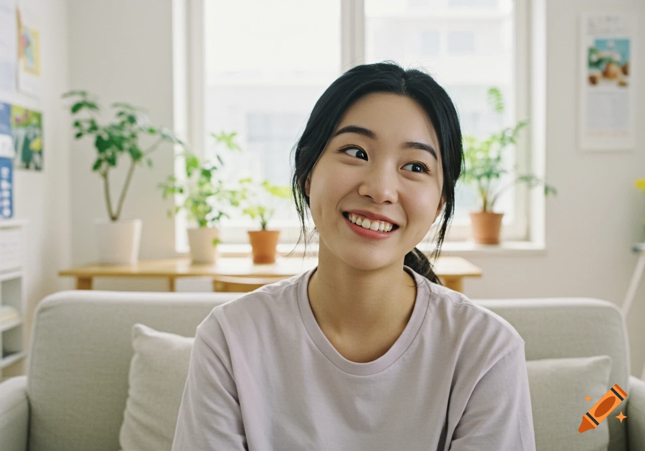 A smiling young Asian woman with dark hair sits on a couch in a bright room with plants.