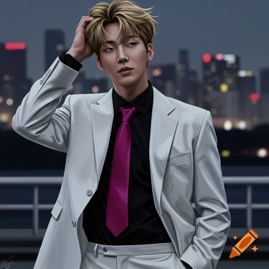 A stylish man with blonde hair in a white suit, black shirt, and magenta tie poses against a city skyline at dusk, in a digital art style.