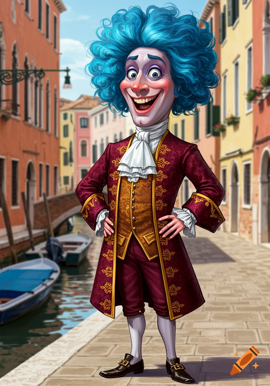 A happy, blue-haired cartoon man in an elaborate red and gold suit stands by a canal in Venice, with colorful buildings in the background.