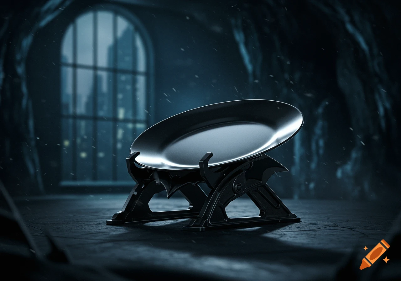 A dark, sleek plate stand with a Batman-inspired design, holding an oval plate in a moody, gothic interior with a large window.