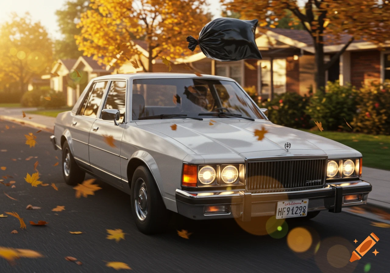 Photorealistic 80s white sedan drives down a suburban street covered in autumn leaves, with a black trash bag blowing above it.