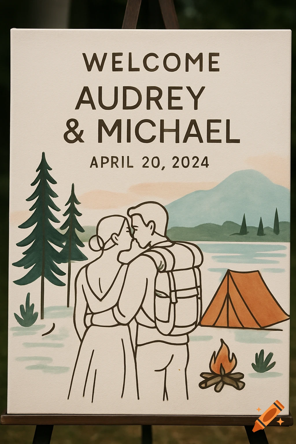 A hand-painted wedding sign with line art of a couple kissing in a camping scene with mountains, trees, lake, tent, and campfire. Text reads: WELCOME AUDREY & MICHAEL APRIL 20, 2024.