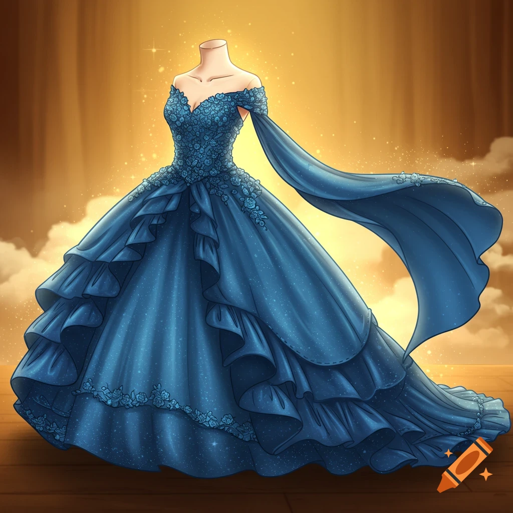A sparkling blue off-shoulder ball gown with intricate floral lace details, voluminous ruffled layers, and a flowing train, displayed on a headless mannequin against a glowing golden background.