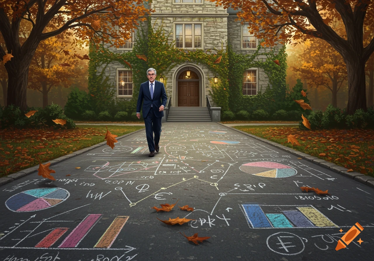A man in a suit walks on a chalk-drawn path towards a grand stone university building surrounded by autumn trees.