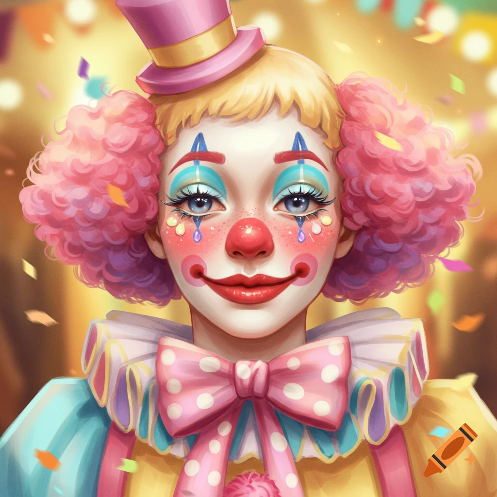 Close-up portrait of a person with colorful clown makeup, pink curly hair, and a small pink top hat, surrounded by confetti.