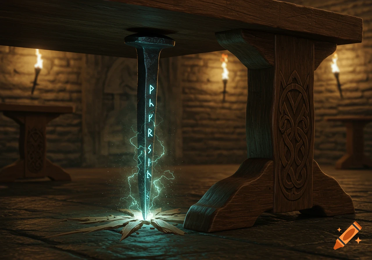 A large, glowing magical nail pierces a wooden table leg in a dim, stone dungeon, with glowing runes on the nail.