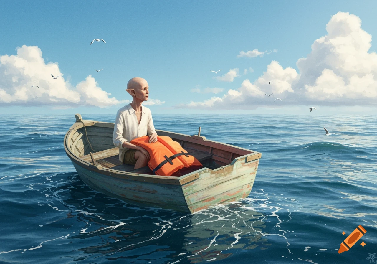 A bald, gaunt figure with long ears sits in a small wooden boat on a calm blue sea, holding an orange life jacket under a clear sky.