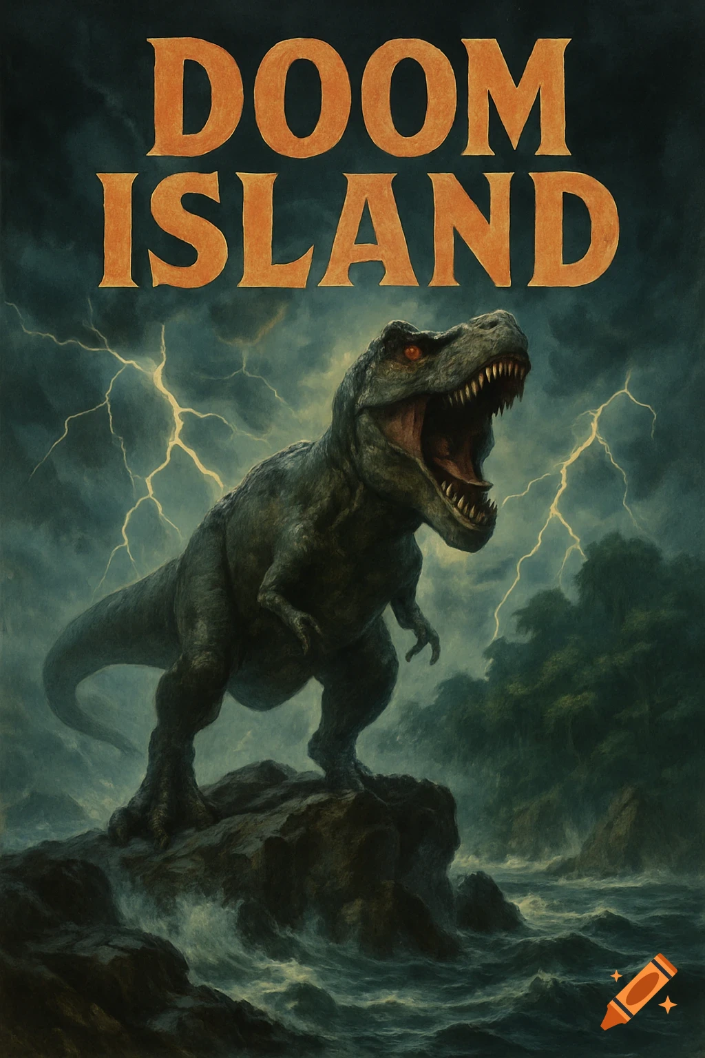 A T-Rex stands roaring on a rocky island under a dark, stormy sky with lightning, featuring the title 'DOOM ISLAND'.