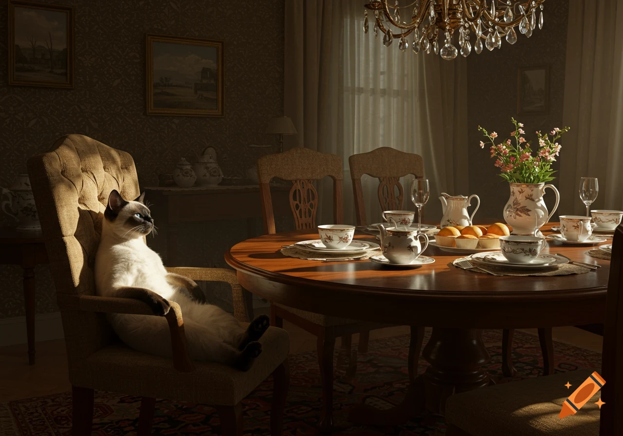 A photorealistic Siamese cat relaxes in a tufted armchair by a sunlit dining table set with china and flowers.