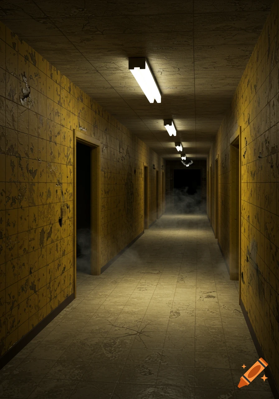 A long, creepy, narrow hallway with yellow peeling tiles, illuminated by fluorescent lights, leading into darkness with a smoky haze.
