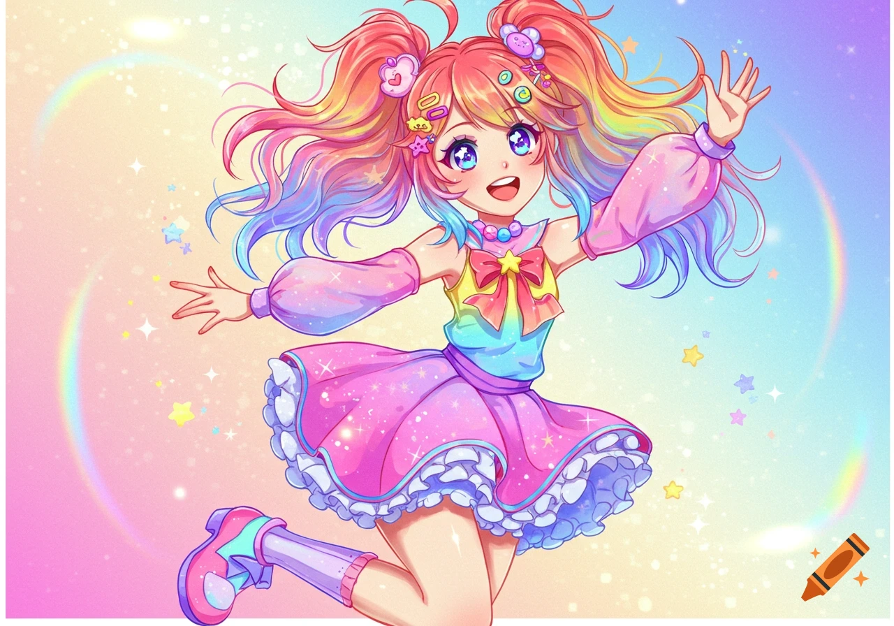 A cheerful anime girl with rainbow pigtails and a pastel rainbow outfit, jumping with arms outstretched against a sparkling rainbow background.
