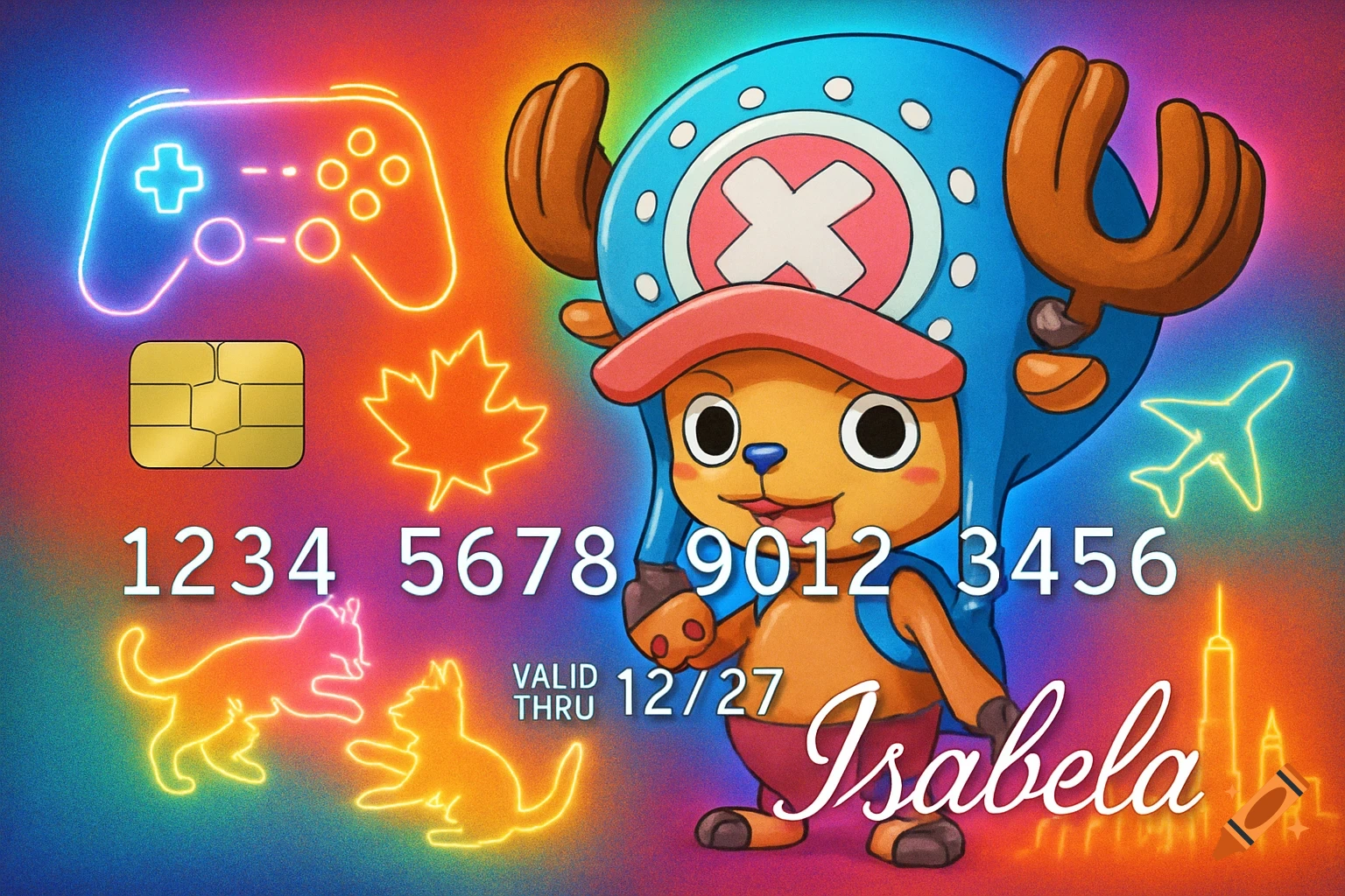 A colorful credit card design featuring Tony Tony Chopper from One Piece, a video game controller, kittens, and the name Isabela.