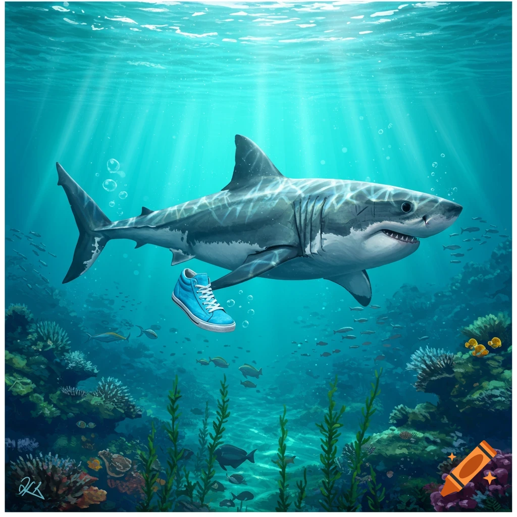 A white shark swims underwater next to a floating blue sneaker, surrounded by coral and small fish in sunlit ocean water.