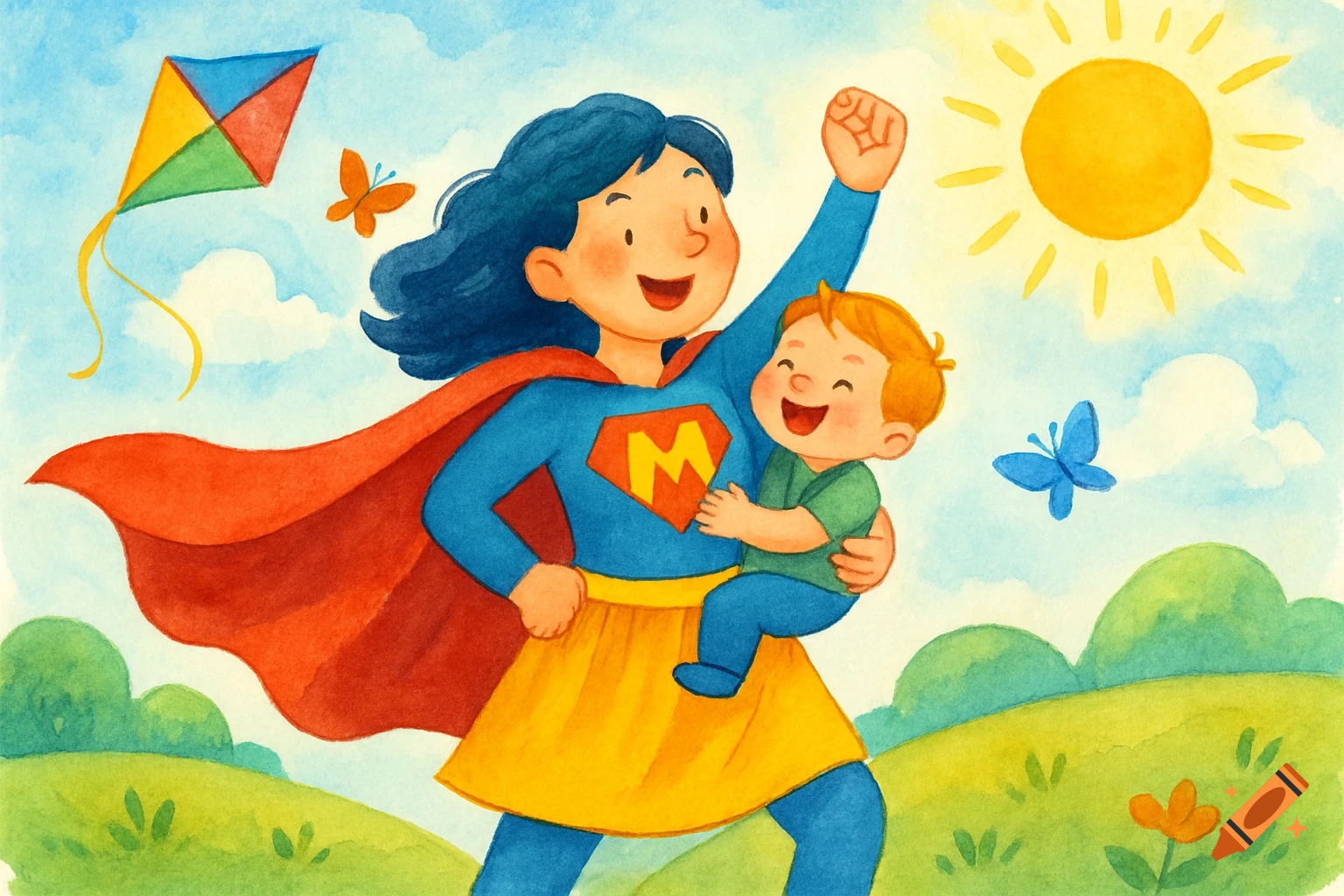 Watercolor illustration of a superhero mother holding her son, with a kite, butterflies, sun, and green hills in the background.