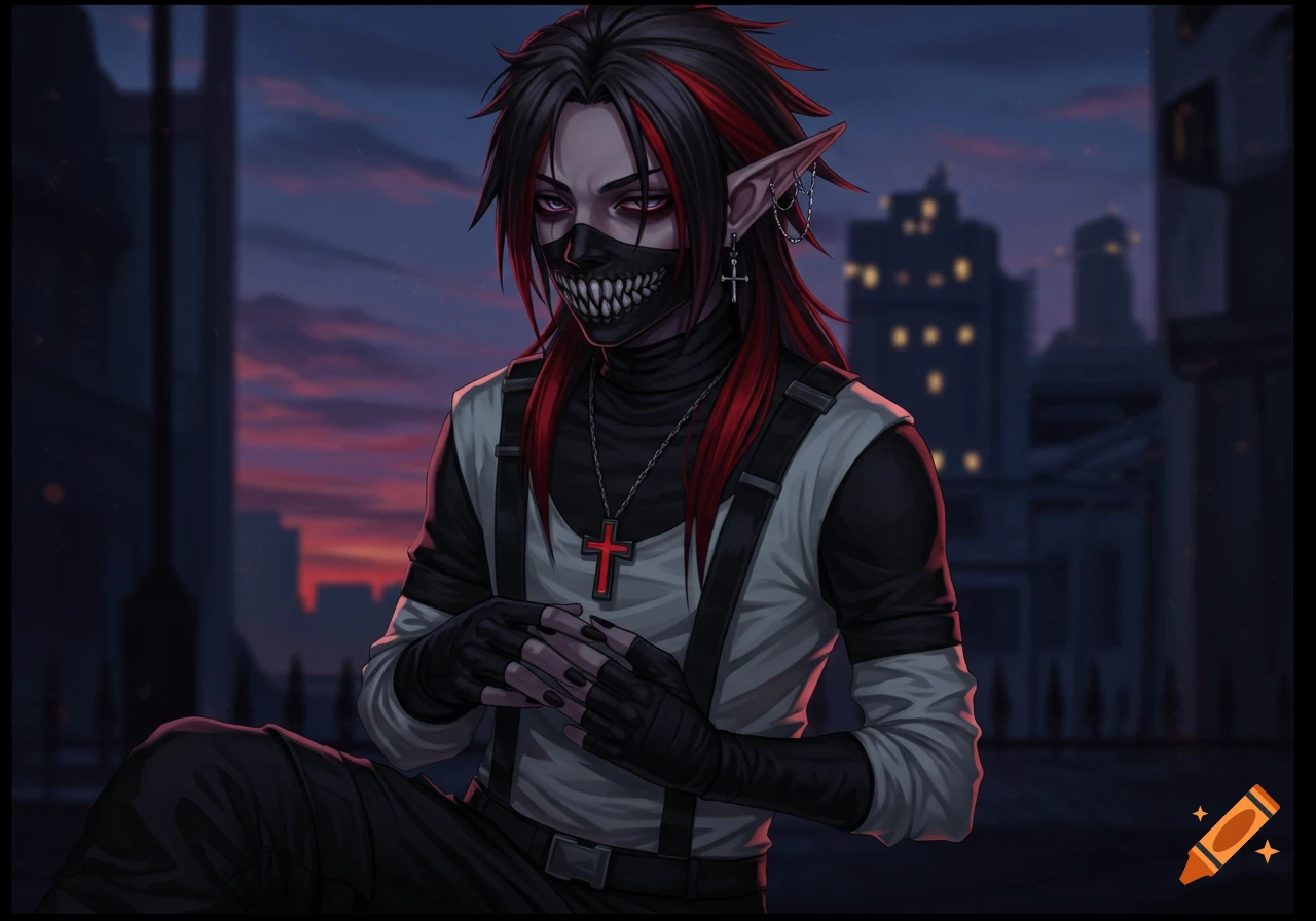 An anime-style character with black and red hair, elf ears, a sharp-toothed mask, and a cross necklace, sitting in a city at dusk.