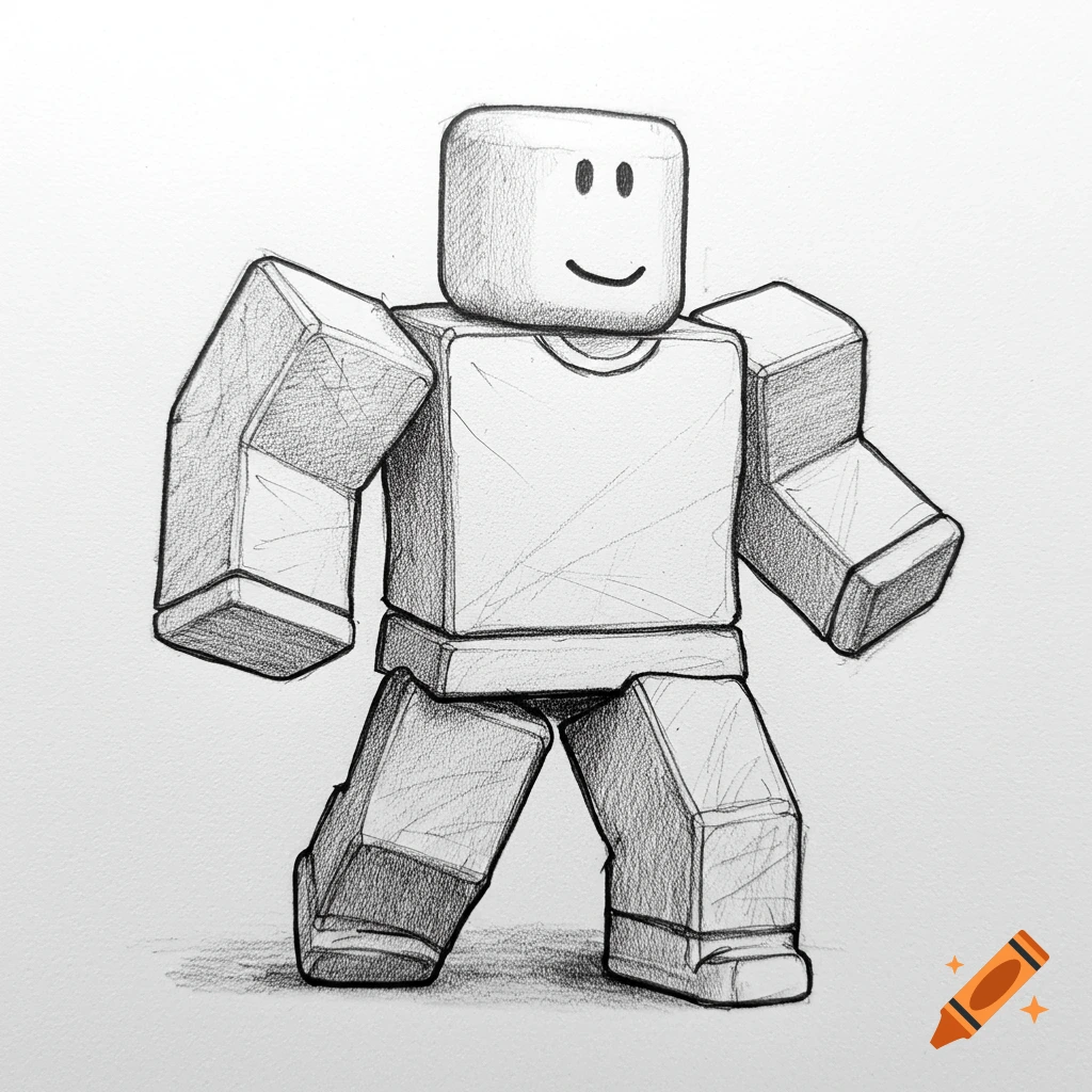 A black and white pencil sketch of a blocky Roblox character with a smiling face, standing.