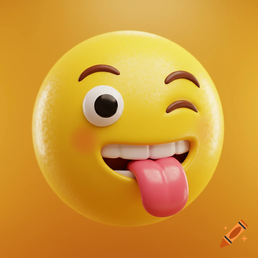 A 3D render of a yellow emoji winking and sticking its pink tongue out, showing white teeth.