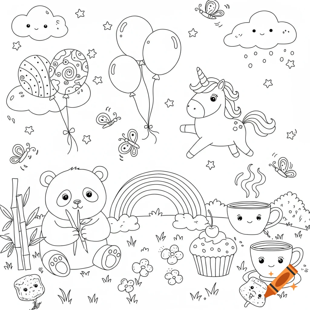 A black and white coloring book page featuring a cute panda, unicorn, balloons, a rainbow, and smiling clouds in a whimsical outdoor scene.