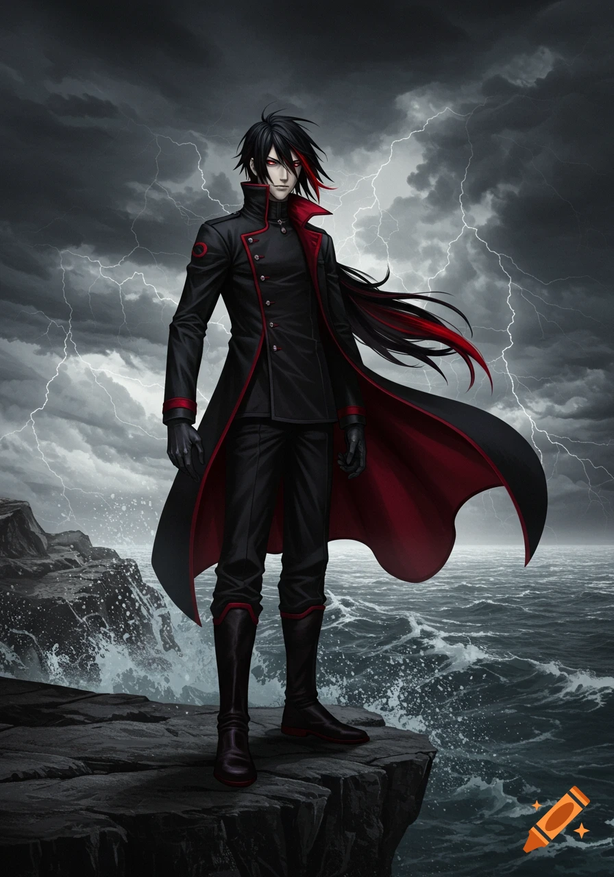 Anime character with black and red hair, red eyes, wearing a black coat with red trim, standing on a cliff by a stormy sea with lightning.