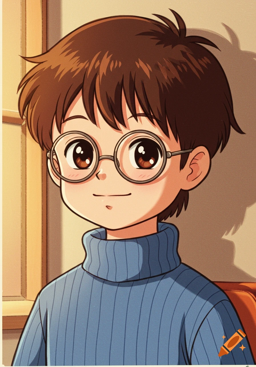 A smiling young man with brown hair and round glasses wears a blue turtleneck, in a vintage anime style.